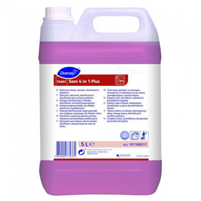 Taski Sani 4 în 1 Plus  – detergent și dezifectant lichid, cu efect detartrant și dezodorizant pentru grupuri sanitare, 5 l, de
